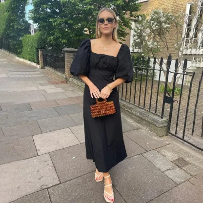 Puff Sleeve Black Dress - Image 3