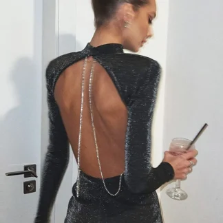 Backless Diamond-like Chain Black Dress