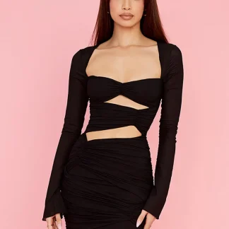 Ruched Cutout Black Dresses