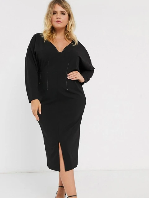 knee length dresses for ladies Long Sleeve Contrast Lace V-Neck Dress main image 1