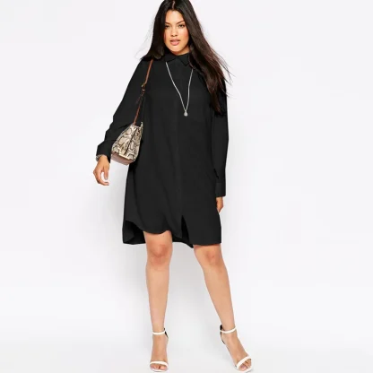 Plus Size Turn Down Collar Black Dress - Image 3